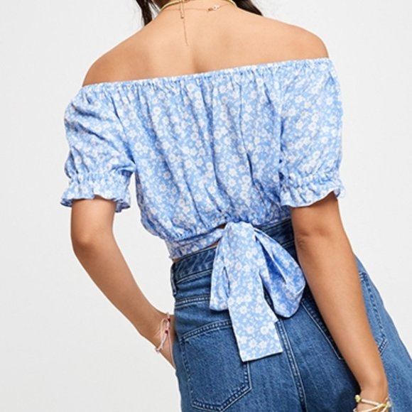 Size 16 SPORTSGIRL Blue White Print Top Short Sleeve Crop Elastic BNWT $49.95 - Picture 2 of 5